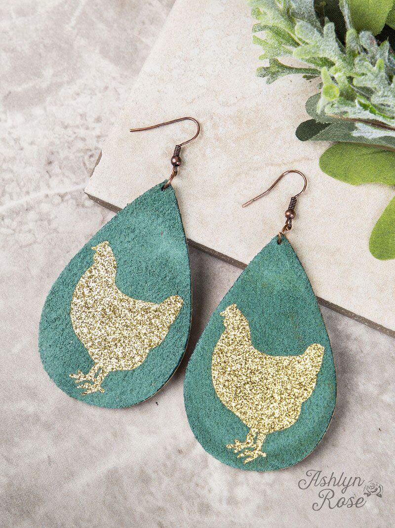 Turquoise Teardrop Earrings with Gold Glitter Chicken, Copper