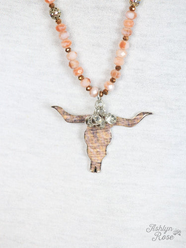 Brown Brushed Steer Skull Necklace, Silver