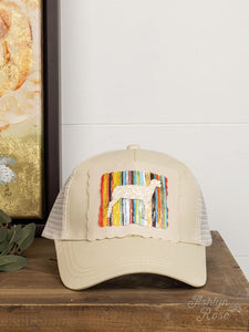 Cream Glitter Lamb on Serape Patch on Solid High Ponytail Hat with Mesh, Cream