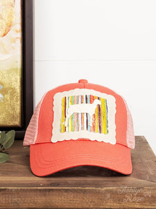Cream Glitter Lamb on Serape Patch on Solid High Ponytail Hat with Mesh, Coral