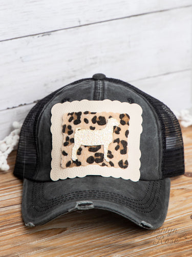 Cream Glitter Goat on Leopard and Scalloped Patch on Distressed Black Hat with Mesh