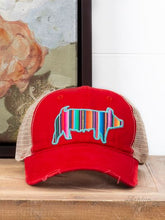 Serape Pig Patch, Turquoise on Red High Ponytail Hat with Beige Mesh