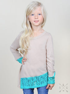 Girls Beige Asymmetrical Tunic with Turquoise Lace Trim Accents