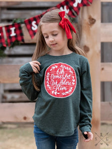 Girls' Oh Come Let Us Adore Him Patch on Evergreen Longsleeve Tee