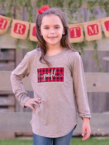 Girls' Grateful Plaid Patch on Heathered Beige Longsleeve Tee