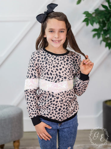 Girls Cheetah Chillin' Long Sleeve Round Neck with Knit Wrist, Black