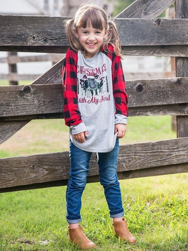 Girls' Christmas with my Herd on Grey Longsleeve Tee with Buffalo Plaid Sleeves