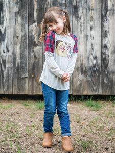 Girls' Ho Ho Ho Y'all Santa on Light Grey Raglan with Red Plaid Inset Detail