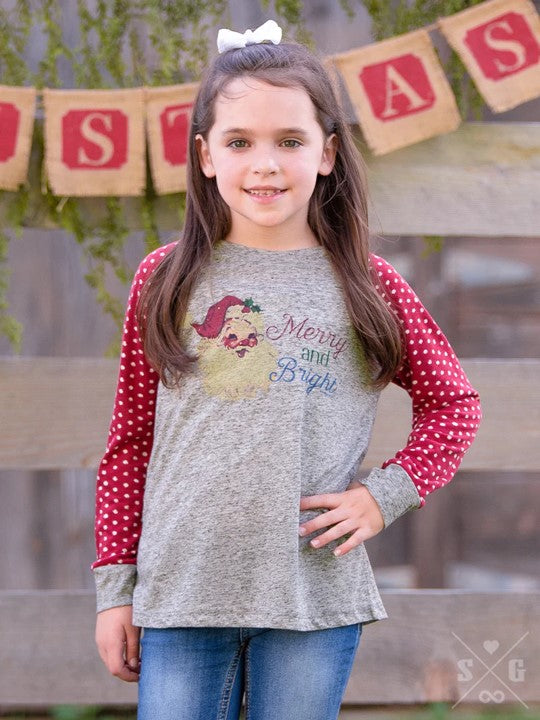 Girls' Merry & Bright on Grey Longsleeve with Polka Dot Sleeve