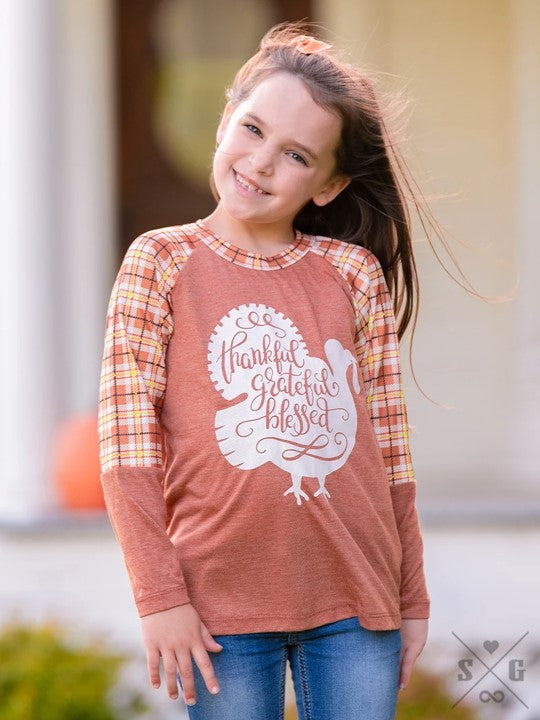 Girls’ Thankful, Grateful, Blessed on Orange Longsleeve with Festive Plaid Accent