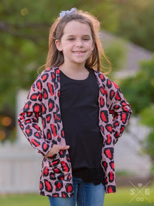 Girls' Wonderfully Wild Leopard Cardigan with Pockets, Red