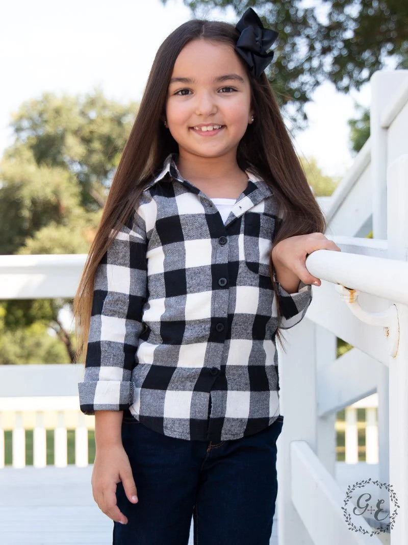 Girls' Standard Plaid Flannel, Black and White