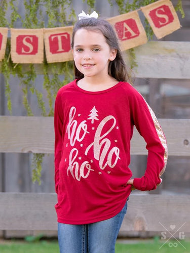 Girls' HoHoHo on Dark Red Long Sleeve with Sequin Inset