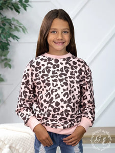 Girls Rawr Like a Leopard Long Sleeve Round Neck Sweater with Knit Wrist, Brown