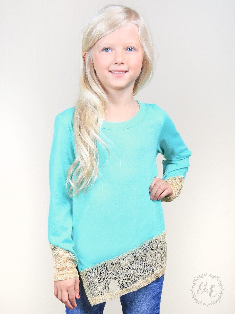 Girls Turquoise Asymmetrical Tunic with Gold Shimmer Trim Accent